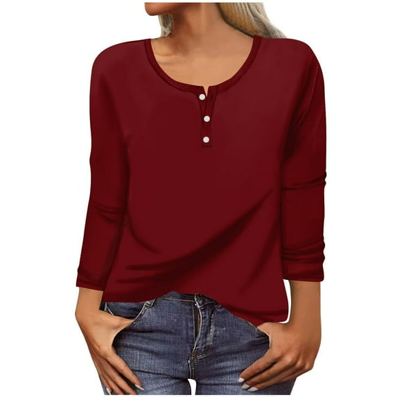 IROINNID Polyester Long Sleeve T Shirt for Women Casual Solid Loose T-shirt Blouse Round Neck Tops,Red