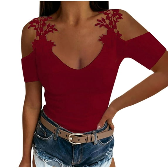 IROINNID Polyester Long Sleeve T Shirt for Women Casual Summer Cold Shoulder Solid Lace T-shirt Blouse,Burgundy