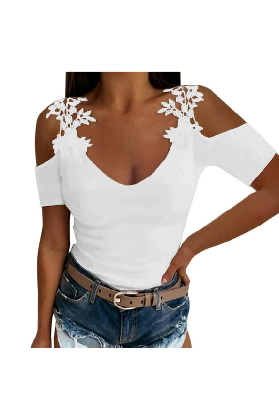 Polyester Long Sleeve T Shirt for Women Casual Summer Cold Shoulder Solid Lace T-shirt Blouse,White