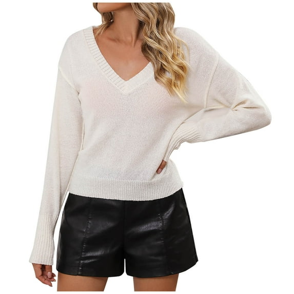 IROINNID Discount Pullover Sweater for Women Knit Solid Color Stretch Fall Winter Sweater Long Sleeve V-Neck Casual Pullover Sweater,Beige