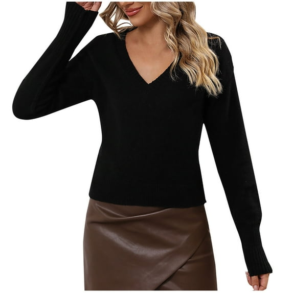 IROINNID Discount Pullover Sweater for Women Knit Solid Color Stretch Fall Winter Sweater Long Sleeve V-Neck Casual Pullover Sweater,Black