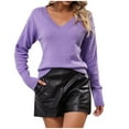 thumbnail image 1 of IROINNID Pullover Sweater for Women Knit Solid Color Stretch Fall Winter Sweater Long Sleeve V-Neck Casual Pullover Sweater,Purple, 1 of 9