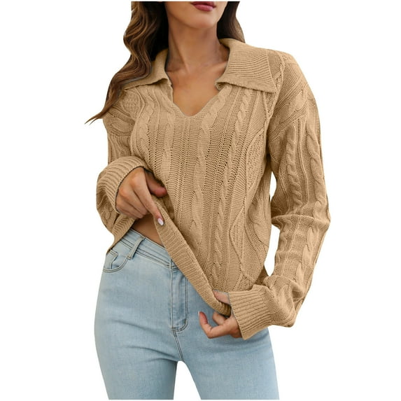 IROINNID Pullover Sweater for Women Pure Color Turndown Lapel Long Sleeve Pullover V-neck Knit Loose Casual Sweater,Khaki