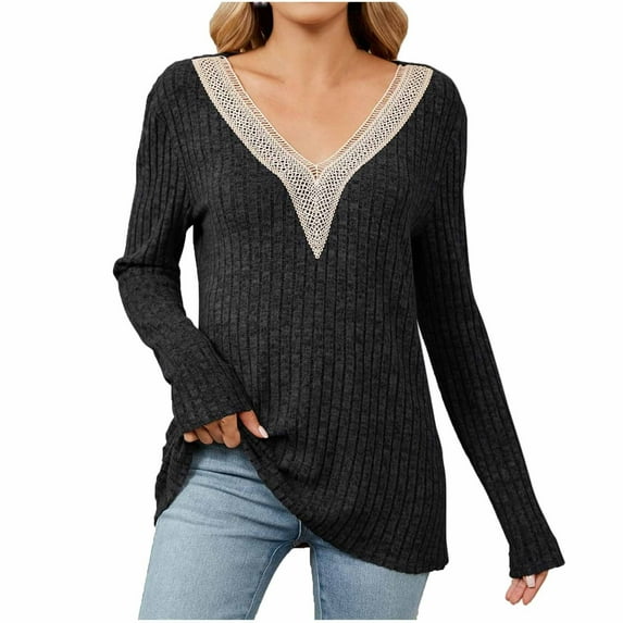 IROINNID Discount Pullover Sweater for Women Winter Casual Solid V-neck Long Sleeve Knitted Strip Loose Sweater Top,Black