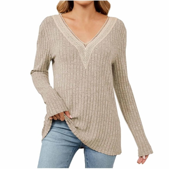 IROINNID Discount Pullover Sweater for Women Winter Casual Solid V-neck Long Sleeve Knitted Strip Loose Sweater Top,Gray