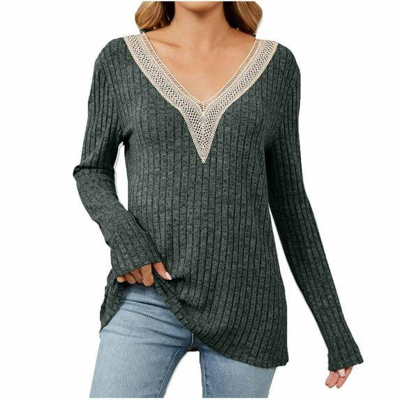 IROINNID Discount Pullover Sweater for Women Winter Casual Solid V-neck Long Sleeve Knitted Strip Loose Sweater Top,Green