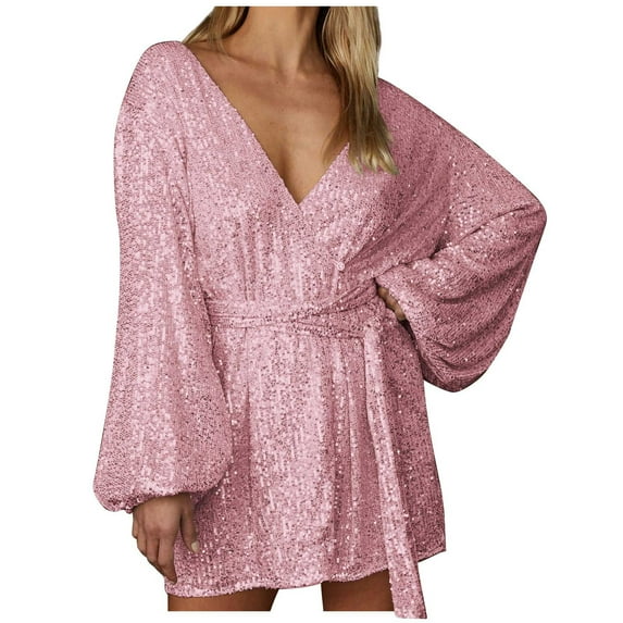 IROINNID Discount Semi Formal Dress for Women Long Sleeve Wrap Dress Summer Solid Color Bishop Sleeve Spicy Girl Skirt,Pink