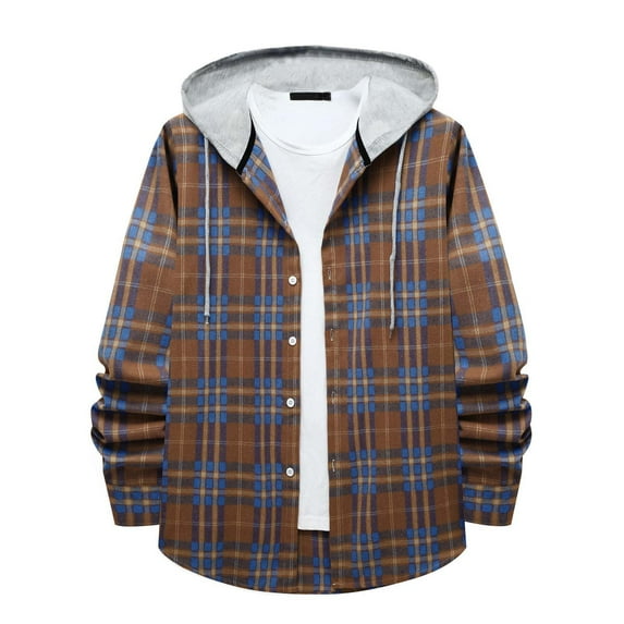 IROINNID Shacket for Men Button Down Leisure And Winter Long Sleeve Solid Color Shirt Top Plaid Hooded Shirt,Blue