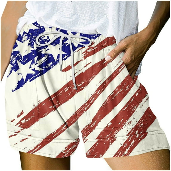 IROINNID Discount Shorts for Women Summer Independence Day Printed Multi Pocket Lace Up Shorts Pants,Beige