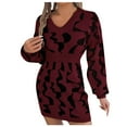 thumbnail image 1 of IROINNID Sweater Dress for Women Long Sleeve Dress Mid-Length Sweater Dress Long Sleeve Dress V-Neck Ladies Print Outing Dresses,Burgundy, 1 of 8