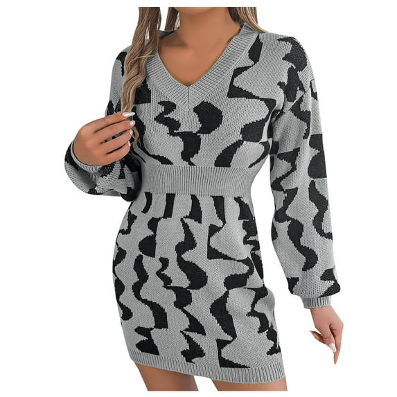 IROINNID Discount Sweater Dress for Women Long Sleeve Dress Mid-Length Sweater Dress Long Sleeve Dress V-Neck Ladies Print Outing Dresses,Gray