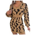 thumbnail image 1 of IROINNID Sweater Dress for Women Long Sleeve Dress Mid-Length Sweater Dress Long Sleeve Dress V-Neck Ladies Print Outing Dresses,Khaki, 1 of 8
