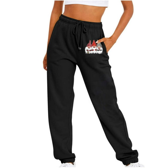 IROINNID Discount Sweatpants for Women Wide Leg Relaxed Fit Christmas Printing Comfy Sports Solid Color Printed Long Pants,Black