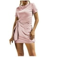 thumbnail image 1 of IROINNID Discount Wedding Guest Dresses for Women Evening Night Formal Fall Dress Round-Neck Short Sleeve Bandage Solid Tunic Mini Dress Elegant Wrap Dress,Pink, 1 of 5