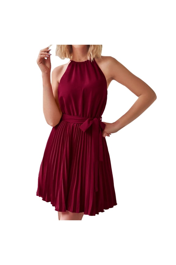 Wedding Guest Dresses for Women Evening Night Formal Fall Dress Summer Halter Sleeveless Pleated Cocktail Party Beach Mini Dresses Elegant Sheath Dress,Burgundy