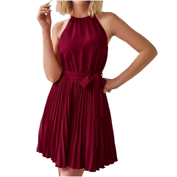 IROINNID Discount Wedding Guest Dresses for Women Evening Night Formal Fall Dress Summer Halter Sleeveless Pleated Cocktail Party Beach Mini Dresses Elegant Sheath Dress,Burgundy