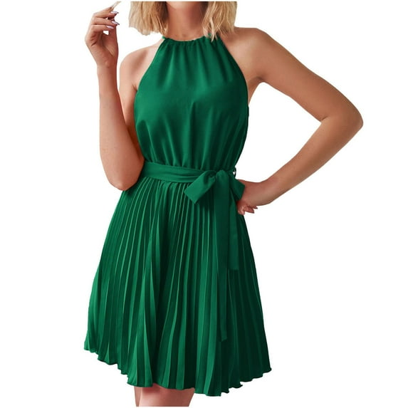 IROINNID Discount Wedding Guest Dresses for Women Evening Night Formal Fall Dress Summer Halter Sleeveless Pleated Cocktail Party Beach Mini Dresses Elegant Sheath Dress,Green