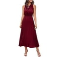 thumbnail image 1 of IROINNID Wedding Guest Dresses for Women Evening Night Party Dress Round-Neck Sleeveless Solid Waist Ruched Slimming Dresses With Belt Elegant Formal Dress,Burgundy, 1 of 5