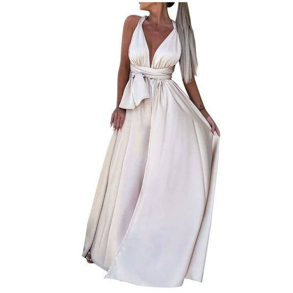 IROINNID Discount Wedding Guest Dresses for Women Evening Night Party Dress Spring And Summer V-Neck Strap With Split Lace Up Solid Color Dress Elegant Formal Dress,Beige