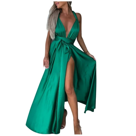 IROINNID Discount Wedding Guest Dresses for Women Evening Night Party Dress Spring And Summer V-Neck Strap With Split Lace Up Solid Color Dress Elegant Formal Dress,Green
