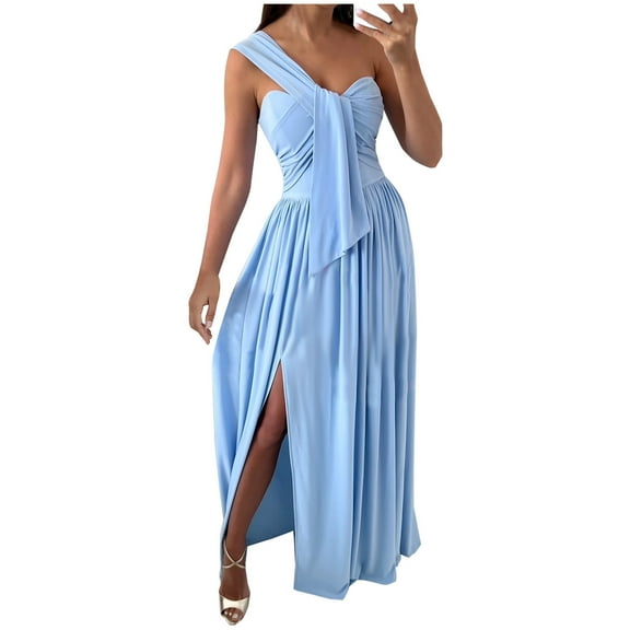 IROINNID Wedding Guest Dresses for Women Evening Night Party Dress Summer Solid Slimming One Shoulder Sleeveless Split Hem Dresses Elegant Formal Dress,Light Blue