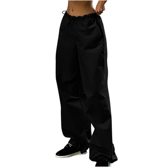 IROINNID Discount Women's Cargo Pants Baggy Pants Mid Waist Wide Leg Bib Full Length Trendy Cargo Pants,Black