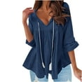 thumbnail image 1 of IROINNID Discount Women's Long Sleeve V-Neck Shirts Casual Long Sleeve V-Neck Cotton Linen Solid Drawstring Loose Tops Blouse,Dark Blue, 1 of 4
