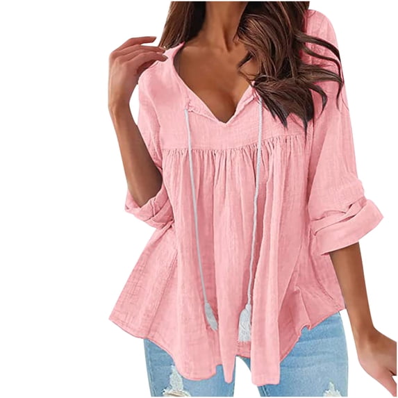 IROINNID Discount Women's Long Sleeve V-Neck Shirts Casual Long Sleeve V-Neck Cotton Linen Solid Drawstring Loose Tops Blouse,Pink