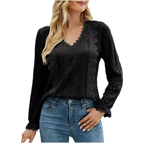 IROINNID Women's Long Sleeve V-Neck Shirts Casual New Solid Hollow Lace Long Sleeve Lace Tops Shirt,Black