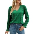 thumbnail image 1 of IROINNID Discount Women's Long Sleeve V-Neck Shirts Casual New Solid Hollow Lace Sexy Long Sleeve Lace Tops Shirt,Green, 1 of 8
