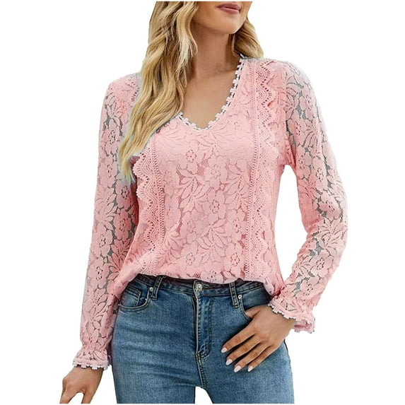 IROINNID Women's Long Sleeve V-Neck Shirts Casual New Solid Hollow Lace Long Sleeve Lace Tops Shirt,Pink