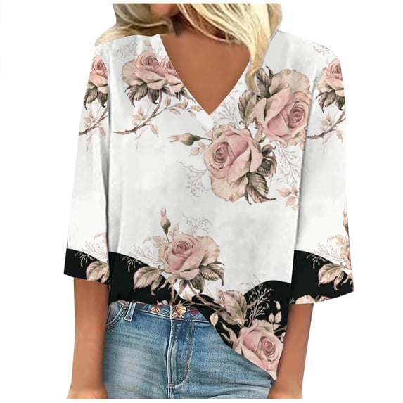 IROINNID Discount Women's Long Sleeve V-Neck Shirts Casual Printed Loose T-shirt 3/4 Sleeves Blouse V-Neck Tops,Watermelon Red