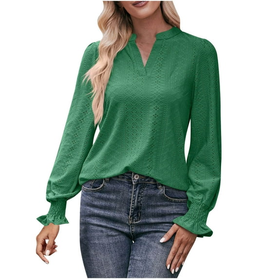 IROINNID Discount Women's Long Sleeve V-Neck Shirts Casual Solid V-Neck Long Sleeve Loose T-shirt Top,Olive Green
