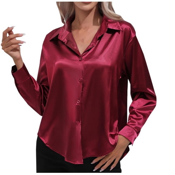 IROINNID Women's Long Sleeve V-Neck Shirts Casual Summer Cardigan Turndown Tops Regular Solid Long Sleeve Blouse Tops,Burgundy
