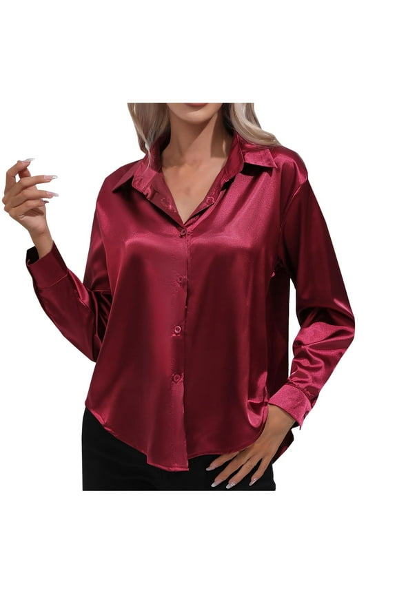 Women's Long Sleeve V-Neck Shirts Casual Summer Cardigan Turndown Tops Regular Solid Long Sleeve Blouse Tops,Burgundy