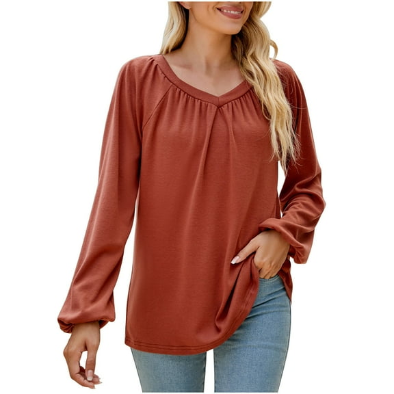 IROINNID Women's Long Sleeve V-Neck Shirts Cool Shirts for Women Casual Solid V-Neck Pleated Long Sleeve Loose T-shirt Top,Coffee