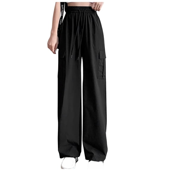 IROINNID Discount Women's Pants Cargo Pants High Waist Drawstring Solid Loose Fit Versatile Pants,Black