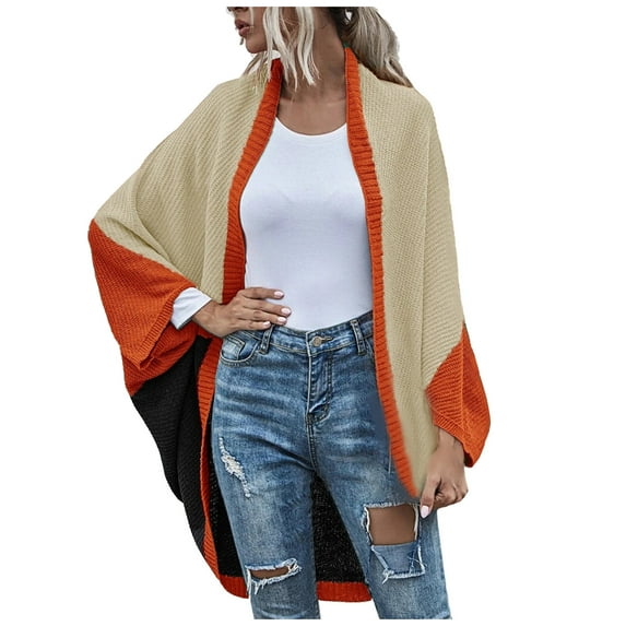 IROINNID Discount Womens Cardigans Long Sleeve Knitted Sweater Color Contrast Long Sleeve Cardigan Tops,Orange