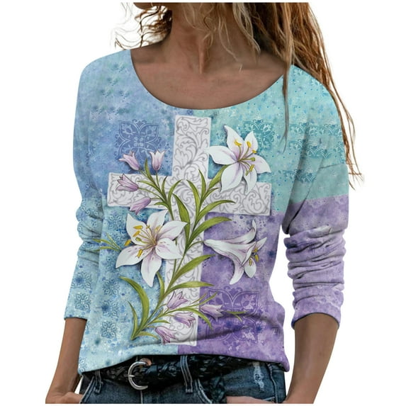 IROINNID Discount Womens Long Sleeve Tops Lounge Printing Round Neck Loose T-Shirt Autumn Blouse Pullover Tops,Sky Blue