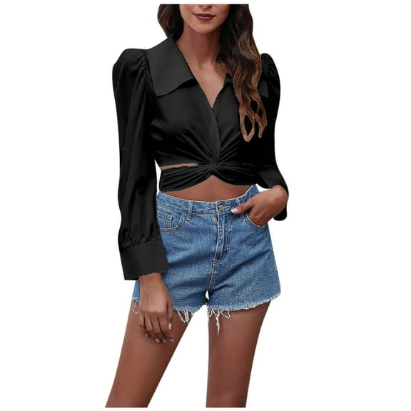 IROINNID Womens Long Sleeve V-Neck Shirts Front Cross Back Bandage Bubble Sleeve Short Tops Shirt Blouse Doll Shirt,Black