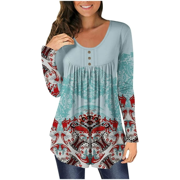 IROINNID Womens Long Sleeve V-Neck Shirts Home Floral Butterfly Printed Pullover Buttons Blouse Tops,Blue