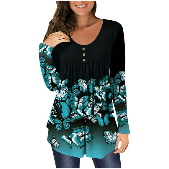 IROINNID Discount Womens Long Sleeve V-Neck Shirts Lounge Floral Butterfly Printed Pullover Buttons Blouse Tops,Green