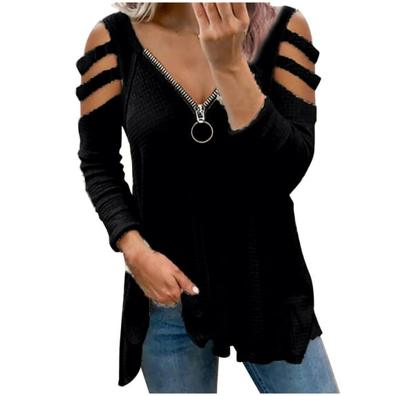 IROINNID Discount Womens Long Sleeve V-Neck Shirts Lounge Zipper Hollow Out T-Shirt Blouse Tops,Black
