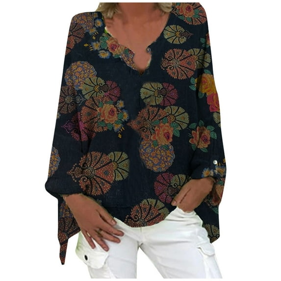 IROINNID Discount Womens Long Sleeve V-Neck Shirts Plus Size Hedging Polka Print Cotton Linen Tops T-shirt,Black
