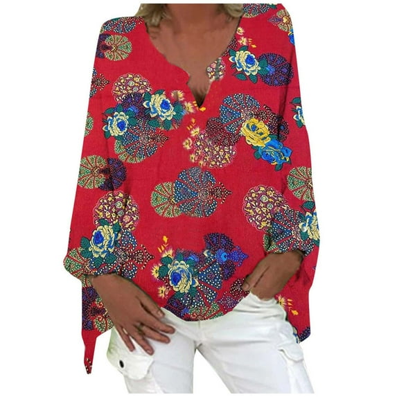 IROINNID Womens Long Sleeve V-Neck Shirts Plus Size Hedging Polka Print Cotton Linen Tops T-shirt,Red