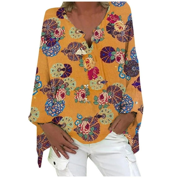 IROINNID Discount Womens Long Sleeve V-Neck Shirts Plus Size Hedging Polka Print Cotton Linen Tops T-shirt,Yellow