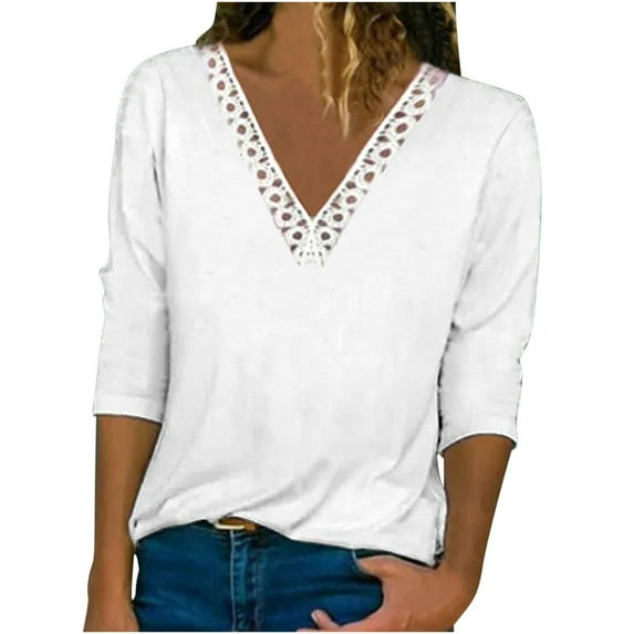 IROINNID Womens Long Sleeve V-Neck Shirts Solid Color Lace Blouse Home Tops,White