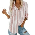 thumbnail image 1 of IROINNID Discount Womens Long Sleeve V-Neck Shirts Striped Roll Up Sleeve Button Down Blouses Tops With Pocket Loose Shirt,Pink, 1 of 9
