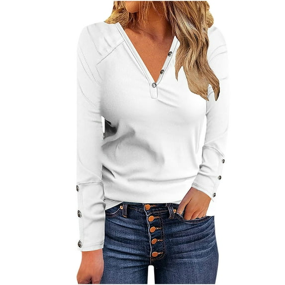IROINNID Discount Womens Long Sleeve V-Neck Shirts T-Shirt Autumn Solid Loose Blouse Tops,White