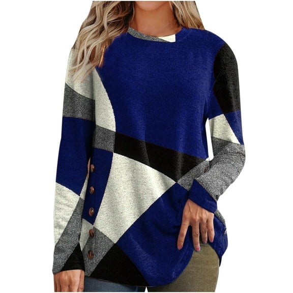 IROINNID Womens Plus Size Tops Home Buttons Geometric Contrast Color Long Sleeve Round-Neck Top,Blue